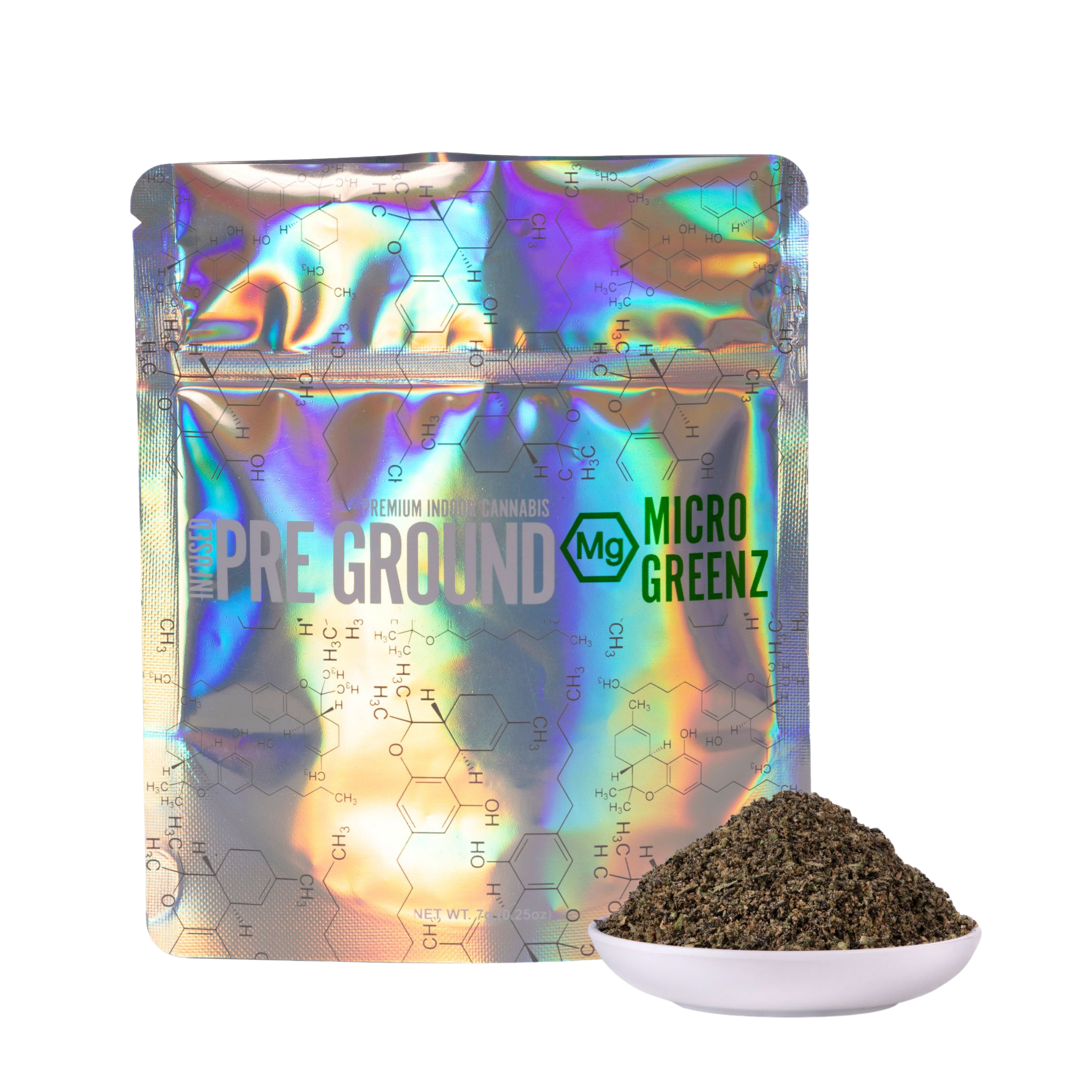 Micro Greenz infused pre-ground 7g holographic pouch with ground flower