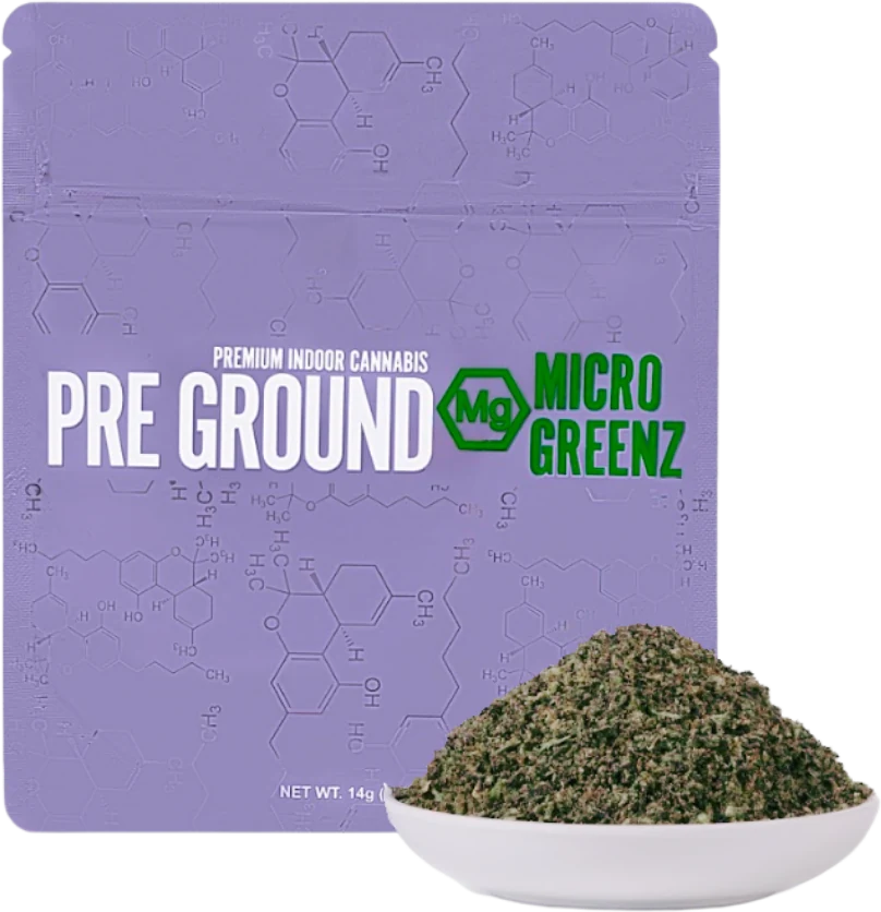 Micro Greenz pre-ground 14g bag with ground flower in a bowl