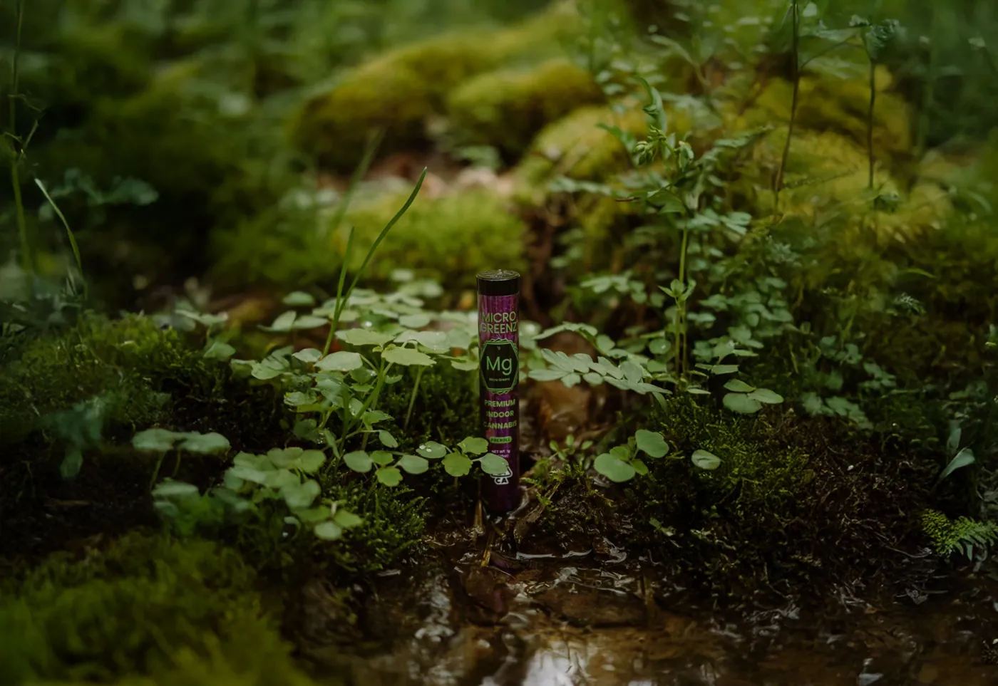 A Micro Greenz pre-roll tube standing in moss and clover
