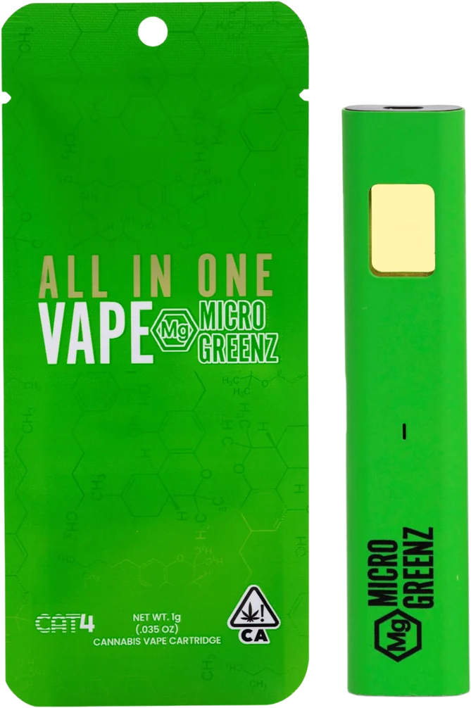 Micro Greenz all-in-one vape next to its green pouch